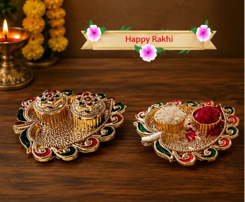 Premium Bhaiya Bhabhi Rakhi Set with Decorative Thali, Roli & Chawal | Designer Beaded Raksha Bandhan Rakhi Combo for Brother & Sister-in-Law