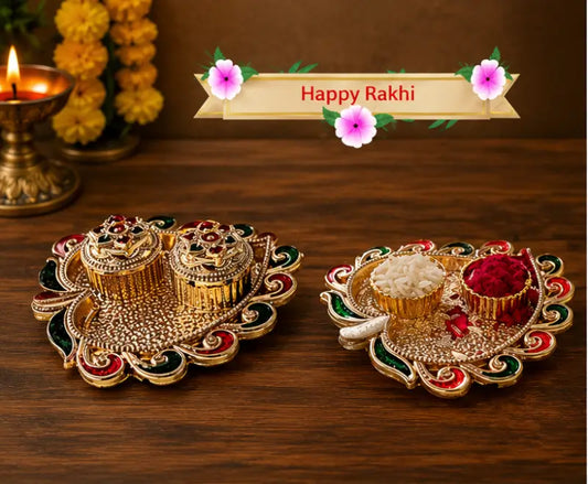 Premium Bhaiya Bhabhi Rakhi Set with Decorative Thali, Roli & Chawal | Designer Beaded Raksha Bandhan Rakhi Combo for Brother & Sister-in-Law