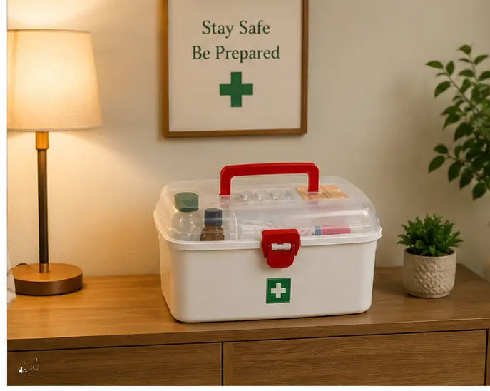 Multipurpose Medicine Storage Box with Handle | Plastic First Aid Kit Organizer with 2 Compartments (White)