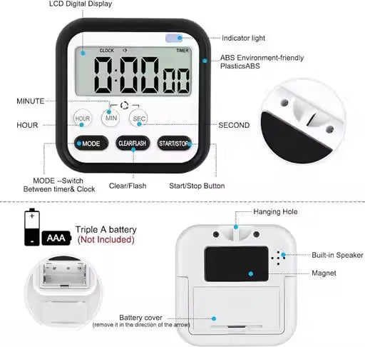 Multipurpose Digital Timer & Stopwatch with Loud Alarm – Magnetic Countdown Time