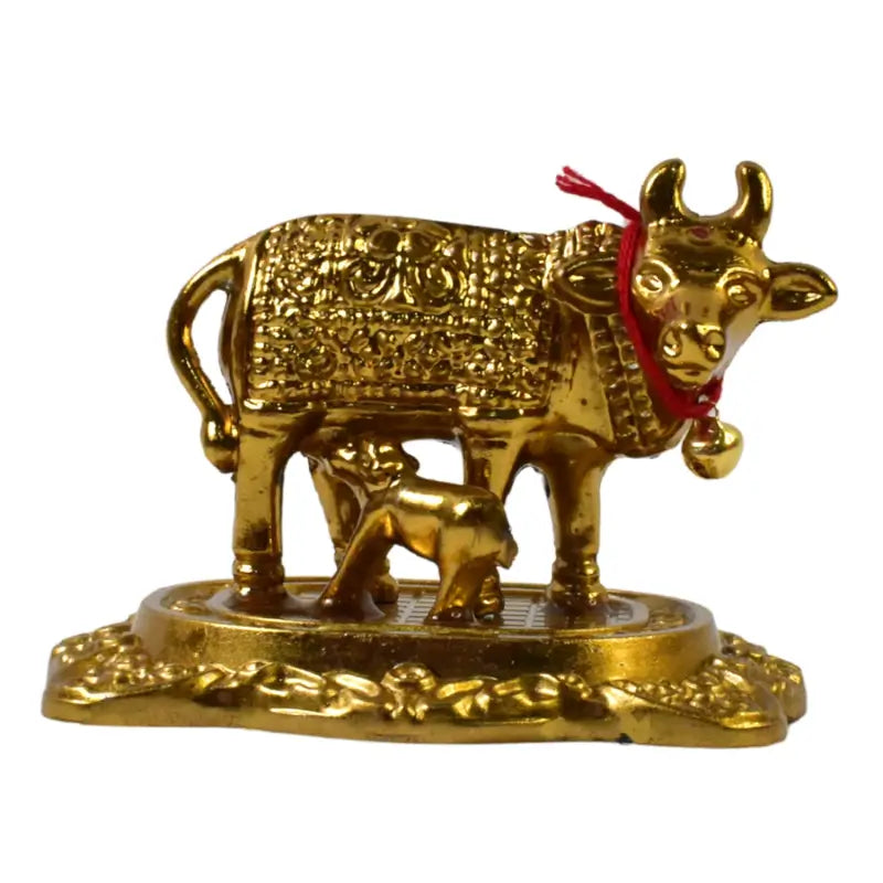 Metal golden kamdhenu cow with calf showpiece essential idol|idols - USB Powered