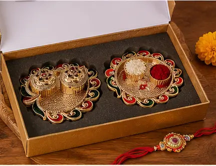 Premium Bhaiya Bhabhi Rakhi Set with Decorative Thali, Roli & Chawal | Designer Beaded Raksha Bandhan Rakhi Combo for Brother & Sister-in-Law