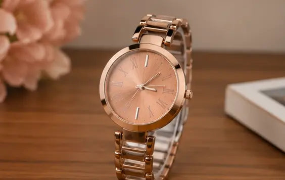 Women’s Designer Metal Analog Watch – Round Brown Dial Quartz Wristwatch | Stylish Fashion Watch with Additional Strap