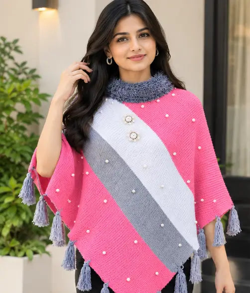 Women’s Stylish Pink Poncho with Fur Collar, Pearl Detailing & Tassel Design