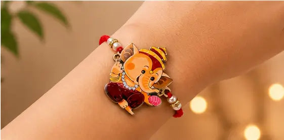 Friendly Wooden Ganpati Bappa Cartoon Rakhi for Kids | Handmade Rakshabandhan Rakhi with Roli Chawal