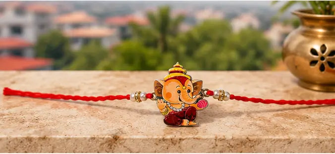 Friendly Wooden Ganpati Bappa Cartoon Rakhi for Kids | Handmade Rakshabandhan Rakhi with Roli Chawal