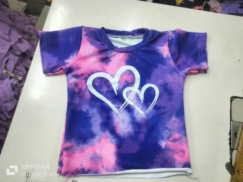 Kids Tie-Dye Heart Print Summer Set  Purple & Pink Tie-Dye T-Shirt and Shorts Set