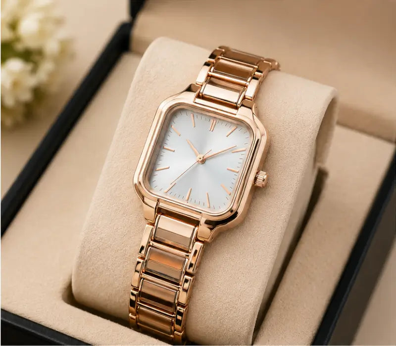 Women’s Square Black Dial Watch – Stainless Steel Strap Quartz Analog Wristwatch | Stylish Rose Fashion Watch