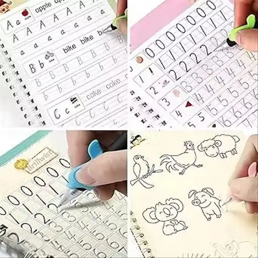Magic Practice Copybook Set for Kids | 4 Reusable Handwriting Books with 10 Refills, Pen & Grip | Alphabet, Numbers, Drawing & Math Learning Activity Books