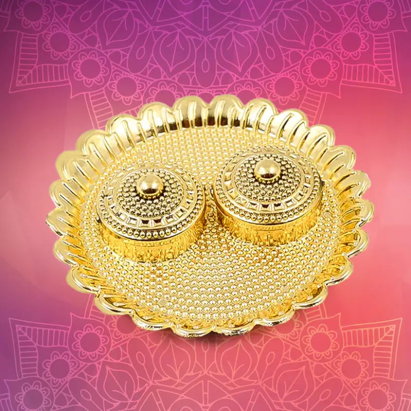 Golden Designer Pooja Thali Set with Kumkum & Diya Holders – Decorative Puja Plate for Festivals, Aarti & Home Temple