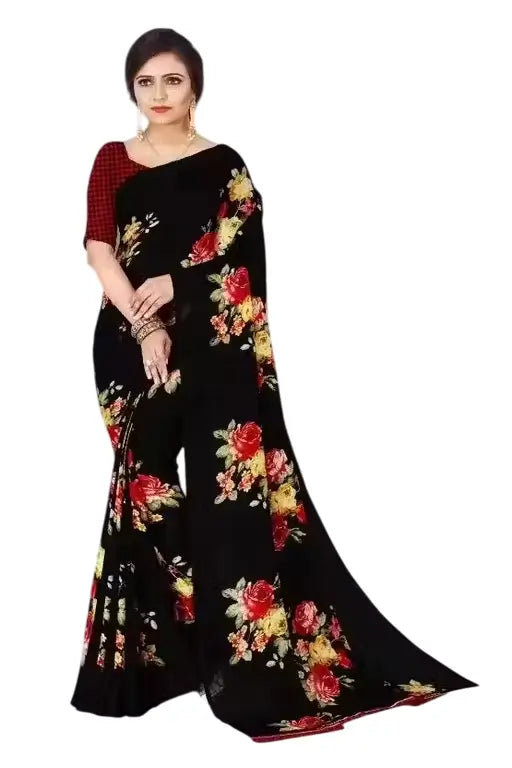 Women's Designer Georgette Floral Printed Saree with Blouse Piece – Cotton Blend, Free Size