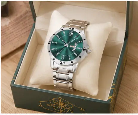 Men’s Analog Watch – Olive Green Dial with Stainless Steel Strap | Day & Date Display Quartz Wristwatch