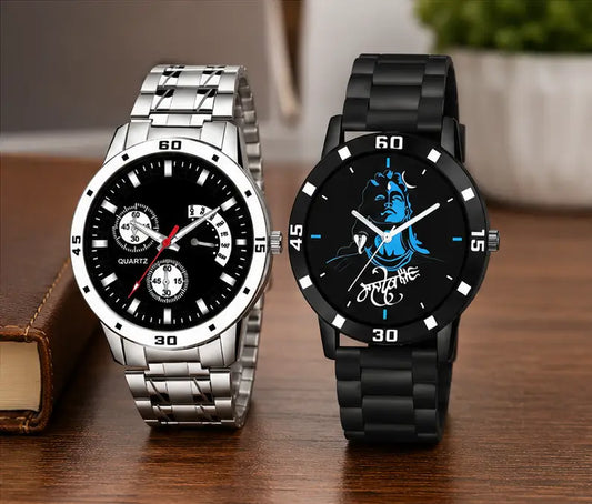 Men’s Analog Watch Combo Pack of 2 – Black Dial Stainless Steel Chain & Rubber Strap Watches | Quartz Casual Wristwatch Set