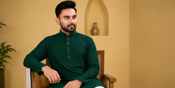 Men's Chikankari Embroidered Rayon Kurta – Full Sleeve Sequin Work Ethnic Kurta for Festive & Wedding Wear
