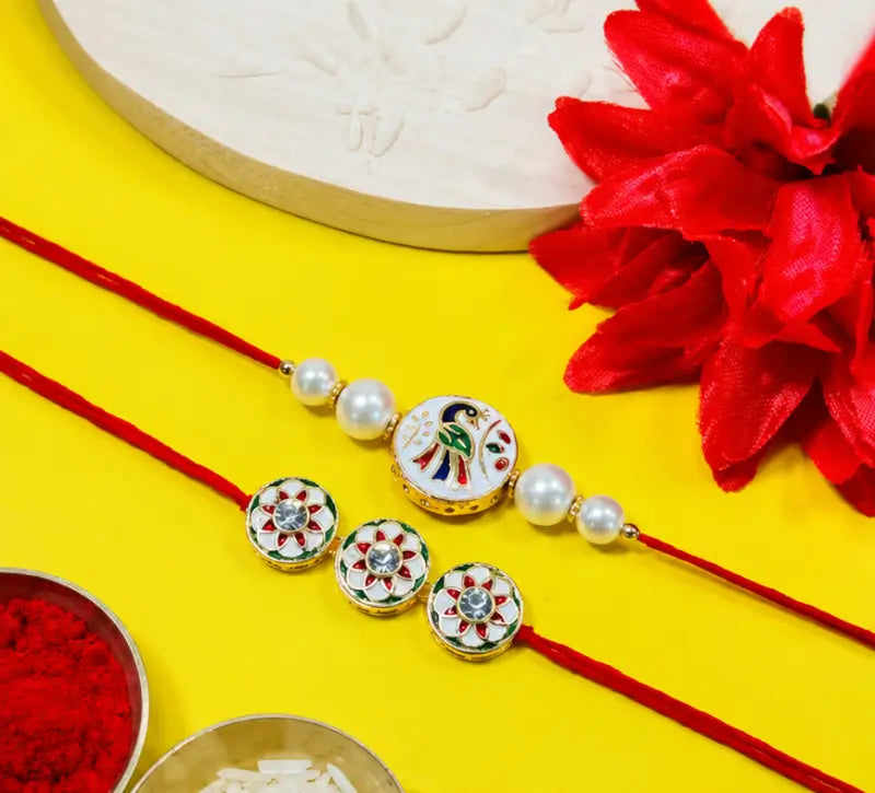 Bhaiya Rakhi Set – Pack of 2 Premium Peacock Rakhi with Roli Chawal | Traditional Raksha Bandhan Rakhi for Brother