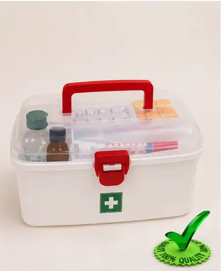 Multipurpose Medicine Storage Box with Handle | Plastic First Aid Kit Organizer with 2 Compartments (White)