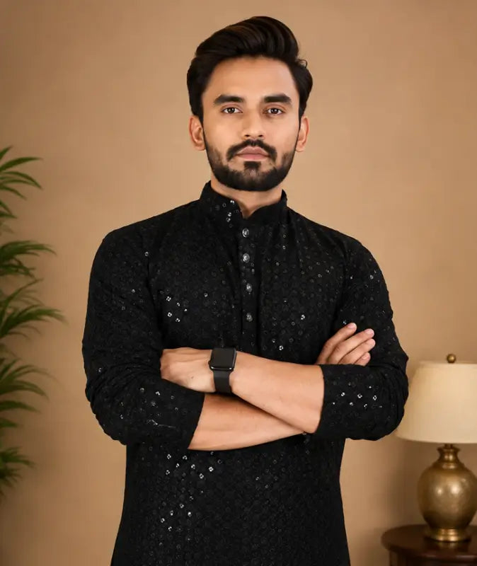 Men's Chikankari Embroidered Rayon Kurta – Full Sleeve Sequin Work Ethnic Kurta for Festive & Wedding Wear