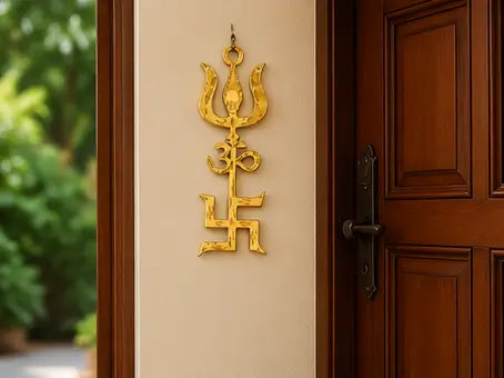 Pure Brass Om Trishul Swastik Wall Hanging – Trishakti Yantra for Home, Office, Temple & Vastu Décor