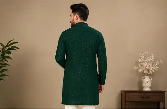 Men's Chikankari Embroidered Rayon Kurta – Full Sleeve Sequin Work Ethnic Kurta for Festive & Wedding Wear