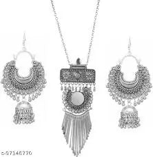 Fashionable Earring & Necklace Set – Silver Oxidised Mirror Work Jhumka Earrings for Women & Girls