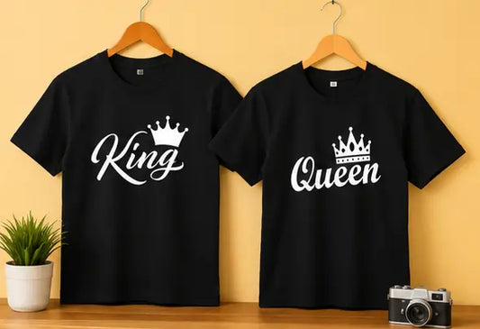 King Queen Couple T-Shirt Set – Printed Cotton Blend Matching T-Shirts for Men & Women (Pack of 2)