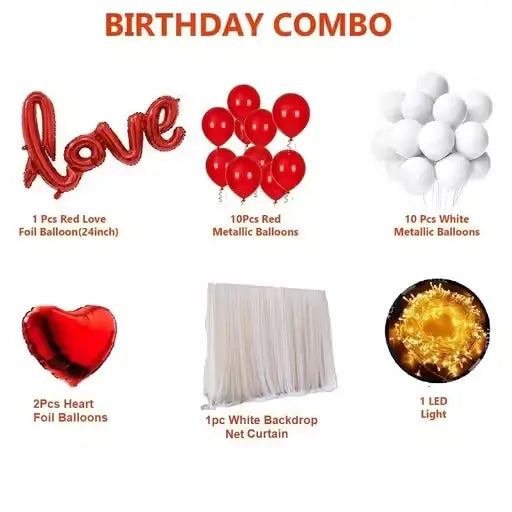 Romantic Decoration Set with White Net, LED Lights, and Foil Balloons