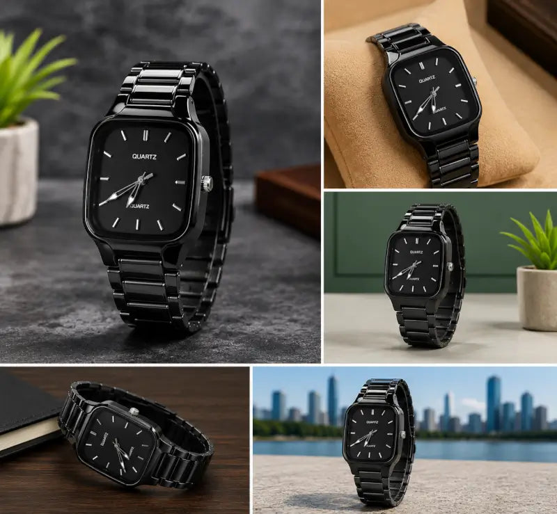 Men's Black Analog Quartz Watch – Stylish Square Dial Metal Strap Wrist Watch for Boys & Men