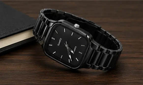 Men's Black Analog Quartz Watch – Stylish Square Dial Metal Strap Wrist Watch for Boys & Men