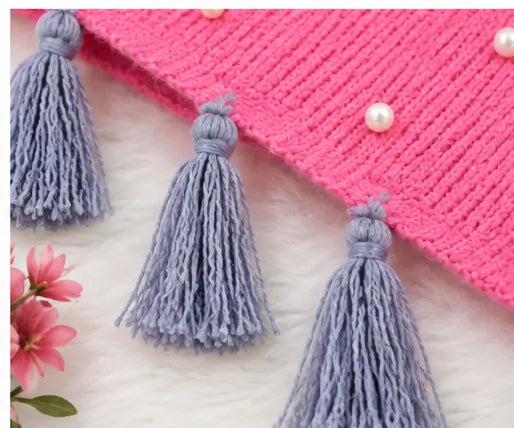 Women’s Stylish Pink Poncho with Fur Collar, Pearl Detailing & Tassel Design
