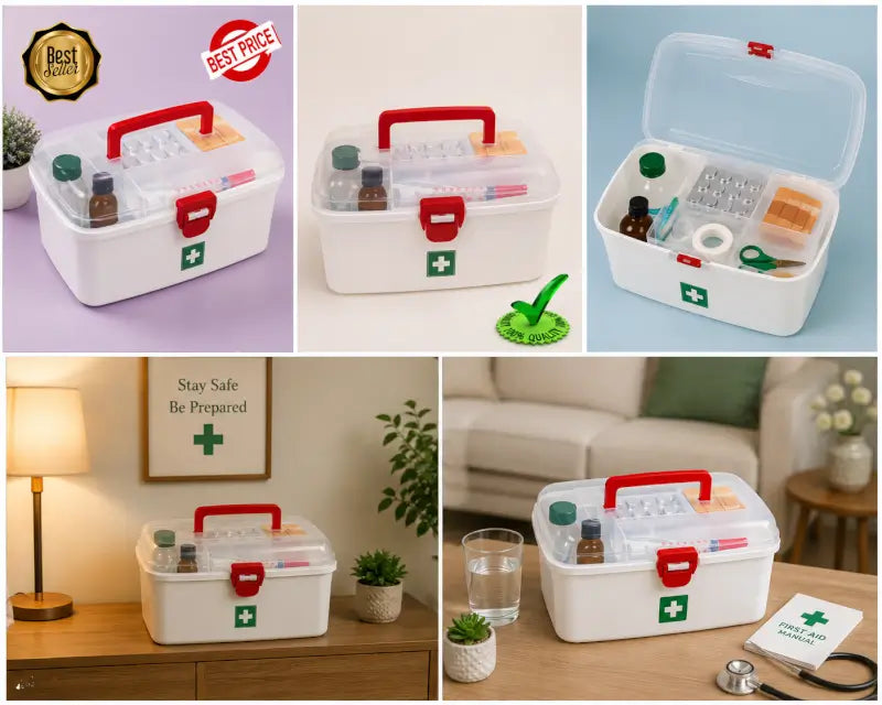 Multipurpose Medicine Storage Box with Handle | Plastic First Aid Kit Organizer with 2 Compartments (White)