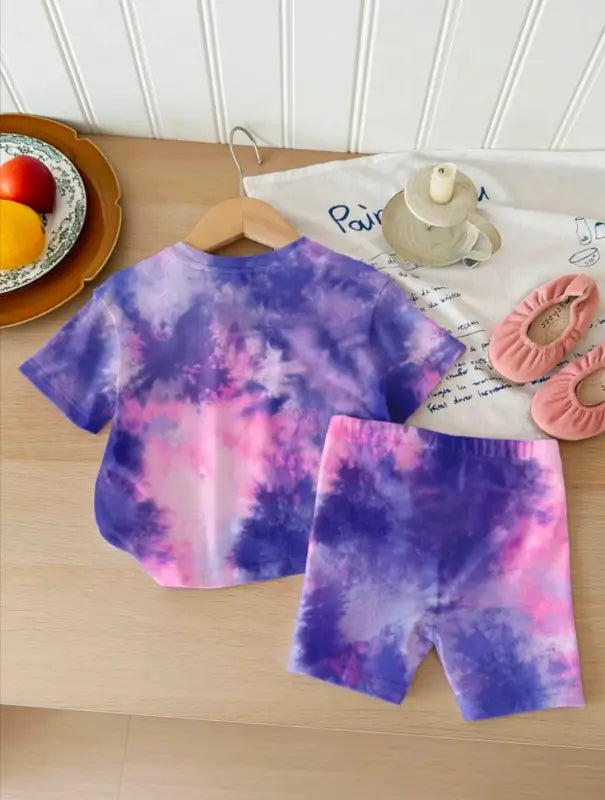 Kids Tie-Dye Heart Print Summer Set  Purple & Pink Tie-Dye T-Shirt and Shorts Set