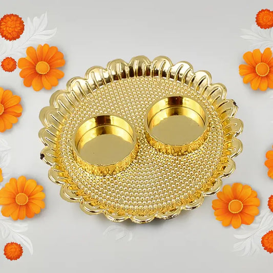 Golden Designer Pooja Thali Set with Kumkum & Diya Holders – Decorative Puja Plate for Festivals, Aarti & Home Temple