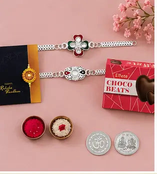 Effete Designer Rakhi Gift Combo – Set of 2 Bracelet Rakhi with Chocolates, Pooja Coin, Roli Chawal & Greeting Card for Brother