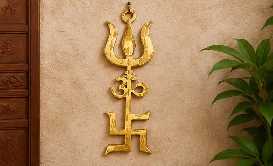 Pure Brass Om Trishul Swastik Wall Hanging – Trishakti Yantra for Home, Office, Temple & Vastu Décor