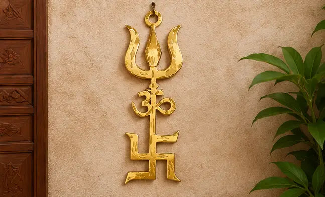 Pure Brass Om Trishul Swastik Wall Hanging – Trishakti Yantra for Home, Office, Temple & Vastu Décor
