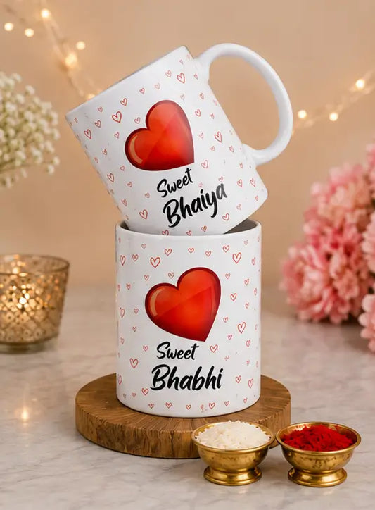 Rakhi Gift Combo Set – Bhaiya Bhabhi Rakhi with 2 Coffee Mugs & Festive Gift Set (5 Pieces)