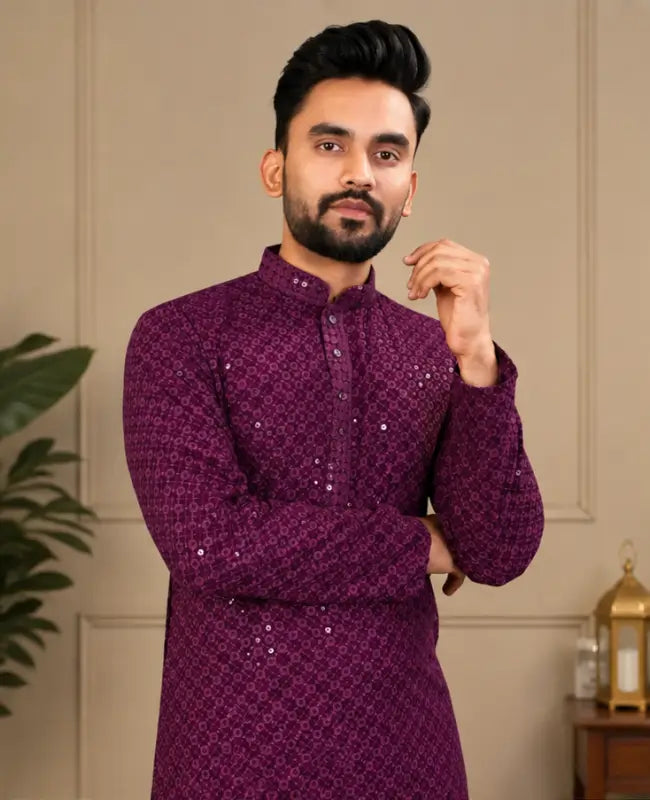 Men's Chikankari Embroidered Rayon Kurta – Full Sleeve Sequin Work Ethnic Kurta for Festive & Wedding Wear