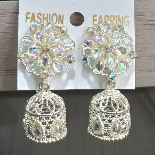Silver Jhumka Earrings – Adjustable Silver-Plated Jewelry with Artificial Stones