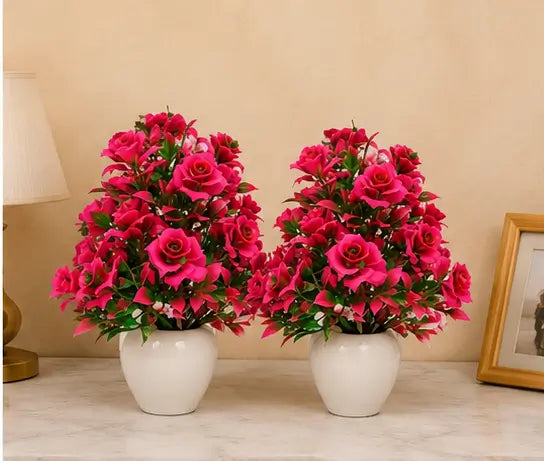 Artificial Rose Bonsai Plant in Pot – Decorative Faux Flower Plant for Home, Office & Table Décor (Set of 2)