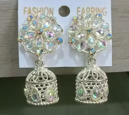 Silver Jhumka Earrings – Adjustable Silver-Plated Jewelry with Artificial Stones