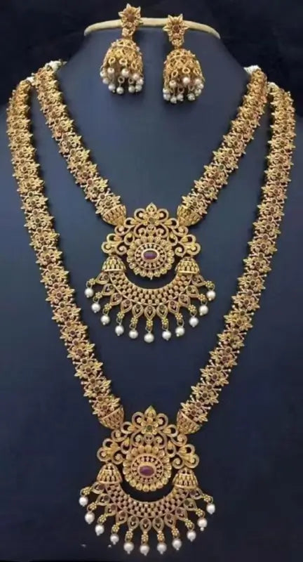 Princess Unique Jewellery Set | Gold-Plated Alloy Haram and Earrings with Pearls, Adjustable.