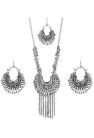 Fashionable Earring & Necklace Set – Silver Oxidised Mirror Work Jhumka Earrings for Women & Girls