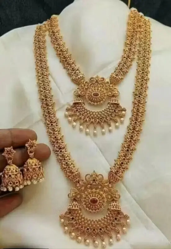 Princess Unique Jewellery Set | Gold-Plated Alloy Haram and Earrings with Pearls, Adjustable.