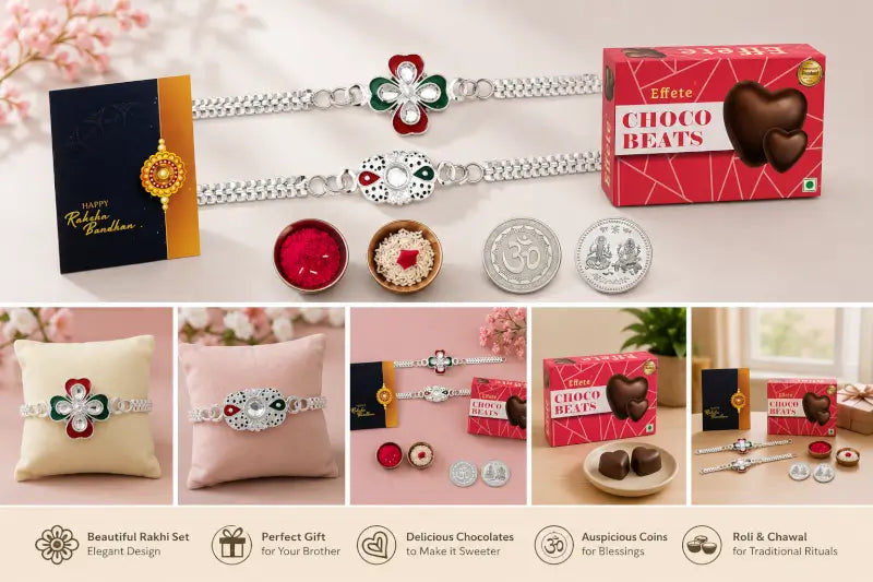 Effete Designer Rakhi Gift Combo – Set of 2 Bracelet Rakhi with Chocolates, Pooja Coin, Roli Chawal & Greeting Card for Brother