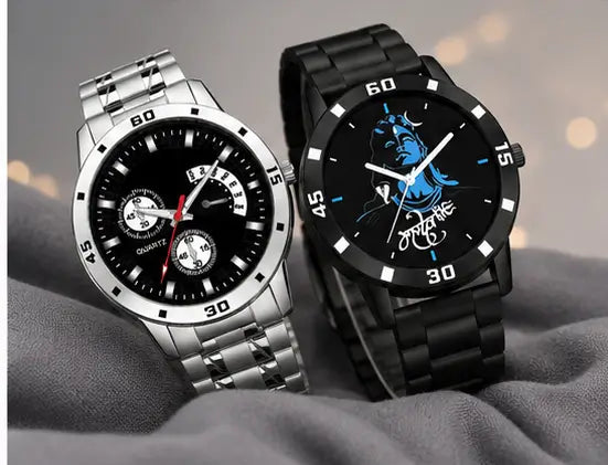 Men’s Analog Watch Combo Pack of 2 – Black Dial Stainless Steel Chain & Rubber Strap Watches | Quartz Casual Wristwatch Set