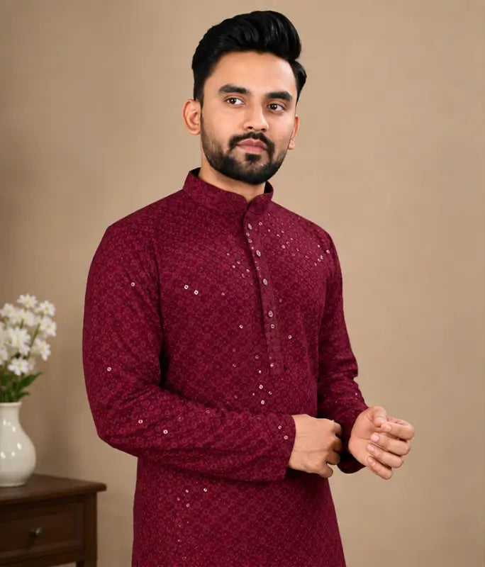 Men's Chikankari Embroidered Rayon Kurta – Full Sleeve Sequin Work Ethnic Kurta for Festive & Wedding Wear