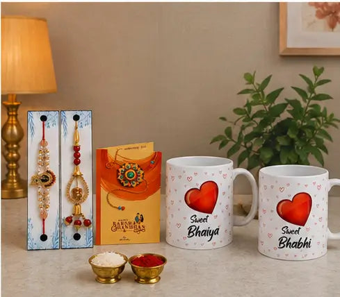 Rakhi Gift Combo Set – Bhaiya Bhabhi Rakhi with 2 Coffee Mugs & Festive Gift Set (5 Pieces)