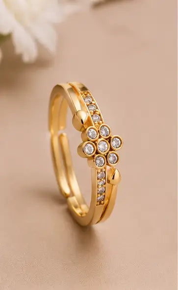 Combo of 2 Gold Plated Adjustable American Diamond Rings for Women & Girls | Free Size Finger Ring Set