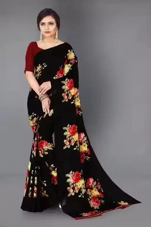 Women's Designer Georgette Floral Printed Saree with Blouse Piece – Cotton Blend, Free Size