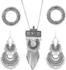 Fashionable Earring & Necklace Set – Silver Oxidised Mirror Work Jhumka Earrings for Women & Girls